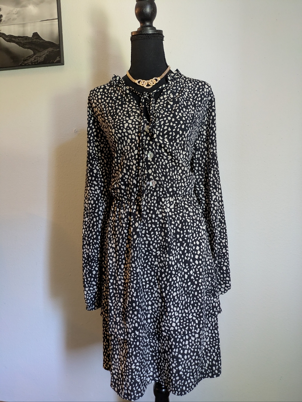 Amkoyam Spotted Print Dress XL Long Sleeve Ruffle Neck Tiered Boho New